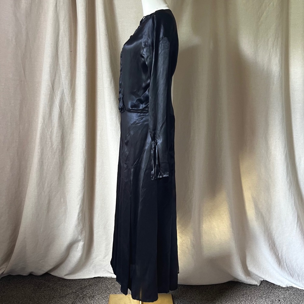 Antique 1910s Black Silk Satin Dress Edwardian Puff Sleeve Button Front Gown S/M - Picture 3 of 9